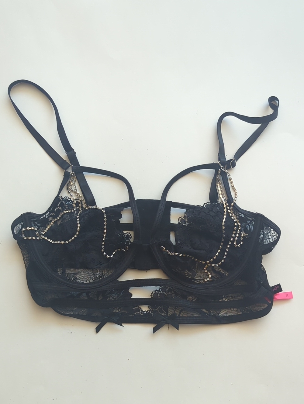 Seven 'til Midnight Black Lace Underwire Bra with Chain Detail XL